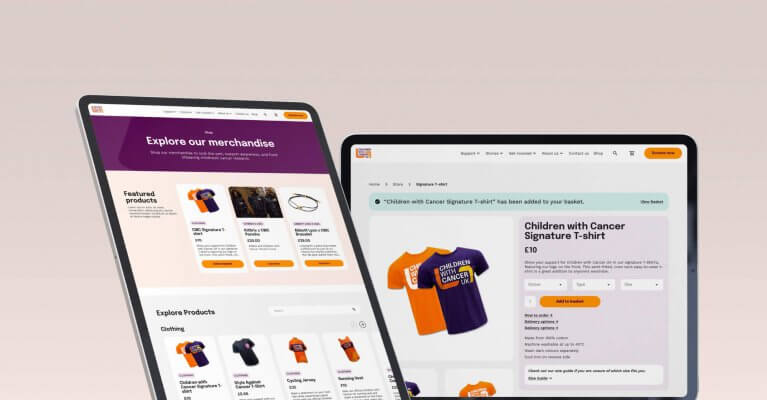 Two tablets display an online store interface featuring various T-shirts, highlighting product options and details on a clean, modern design layout.