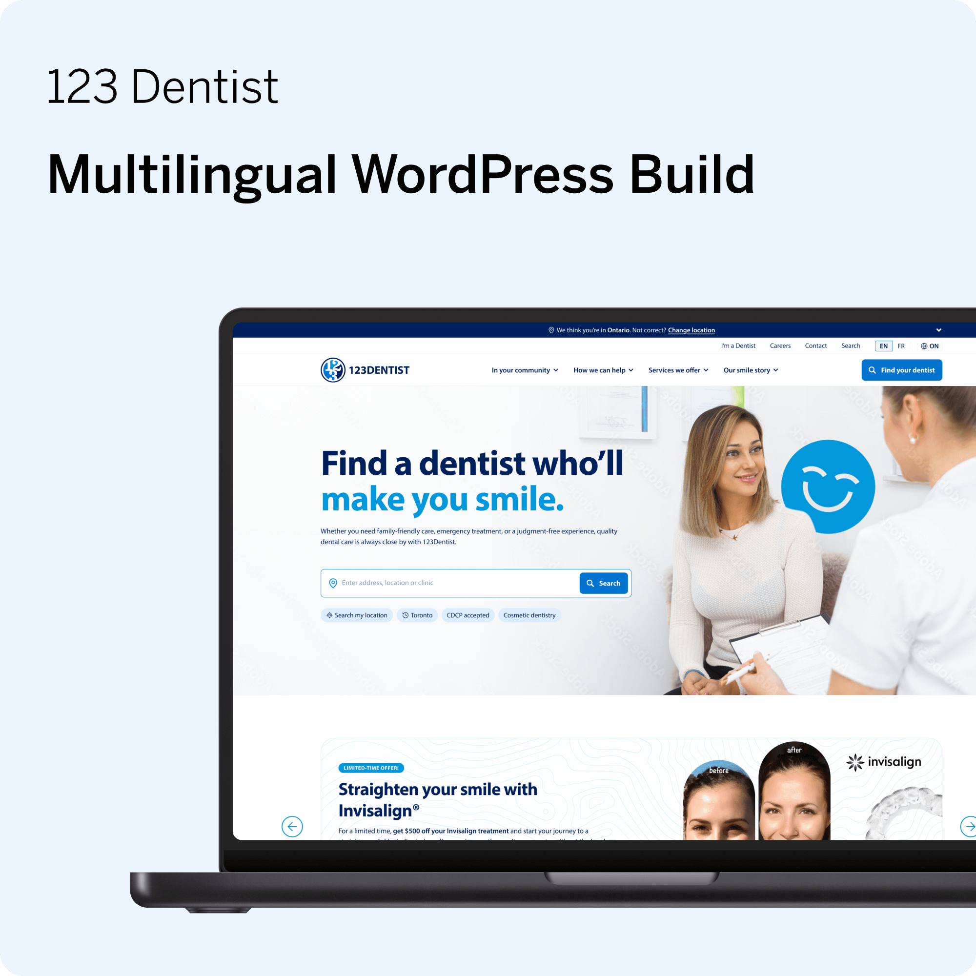 A laptop showing the newly published 123Dentist website, showcasing a light blue background with a bright blue smiley face logo