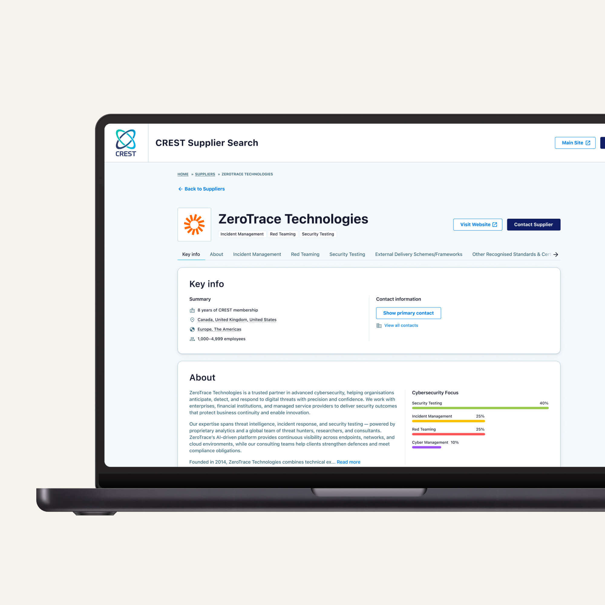 Laptop displaying a supplier search page for ZeroTrace Technologies, including key information and company description.