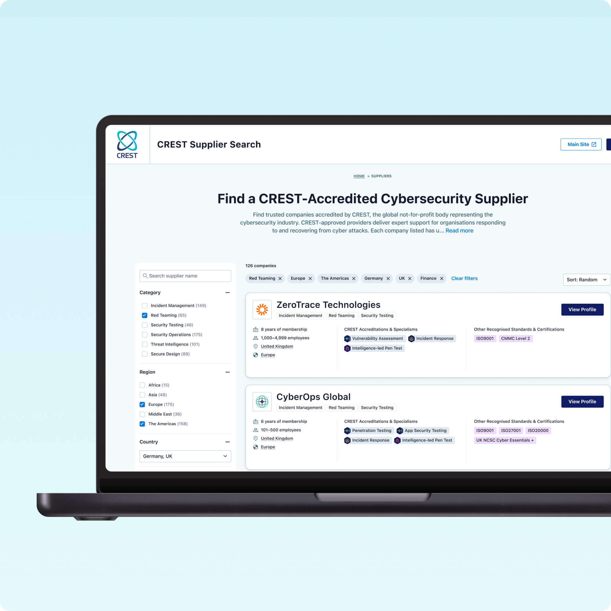 A laptop screen displaying the CREST Supplier Search page, highlighting a list of accredited cybersecurity suppliers with options to search and filter results.