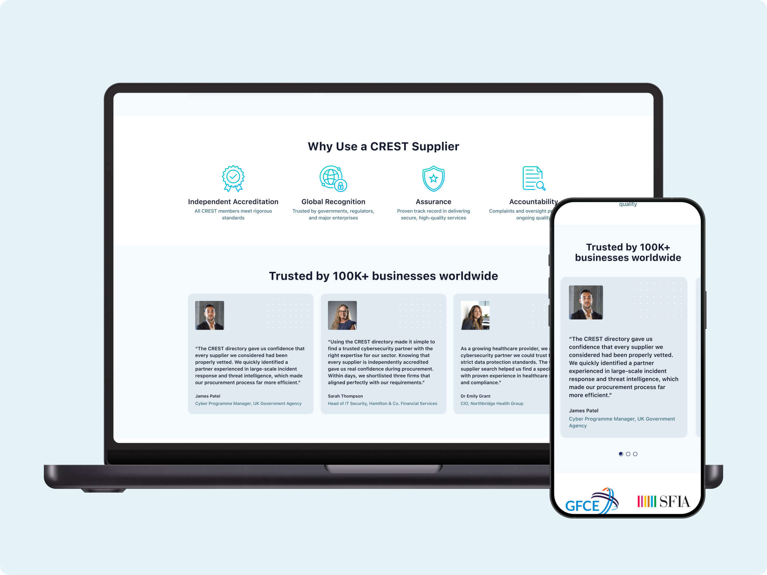 A laptop and smartphone display a website detailing the benefits of using a CREST supplier, highlighting independent accreditation, global recognition, assurance, and security. The site includes client testimonials from businesses, with logos of CIFAL and NFI at the bottom.