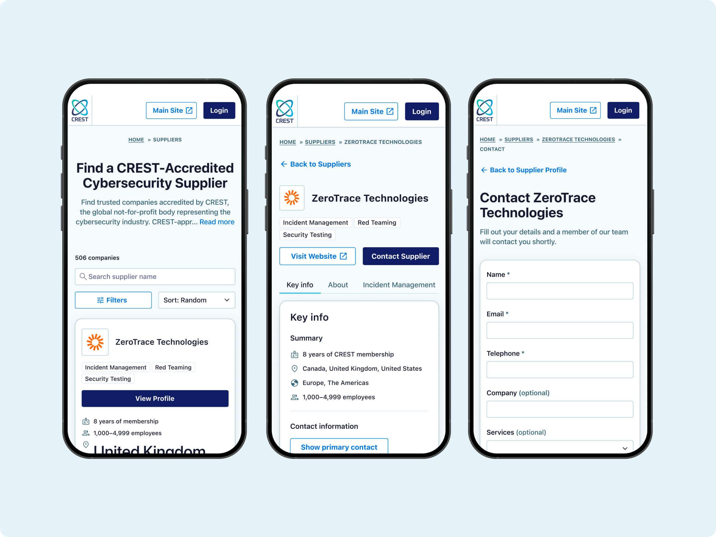 Three smartphone screens display a user interface for finding and contacting CREST-accredited cybersecurity suppliers, featuring a search function, supplier details, and a contact form.