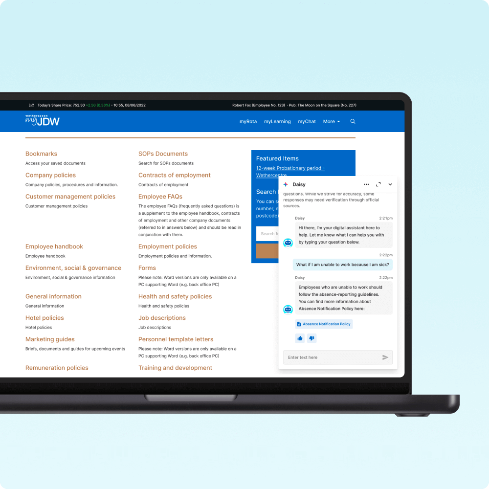 A laptop displaying a business website dashboard with organized navigation menu and content sections. The interface shows multiple columns of links and a blue-highlighted interaction panel on the right side against a light blue background.
