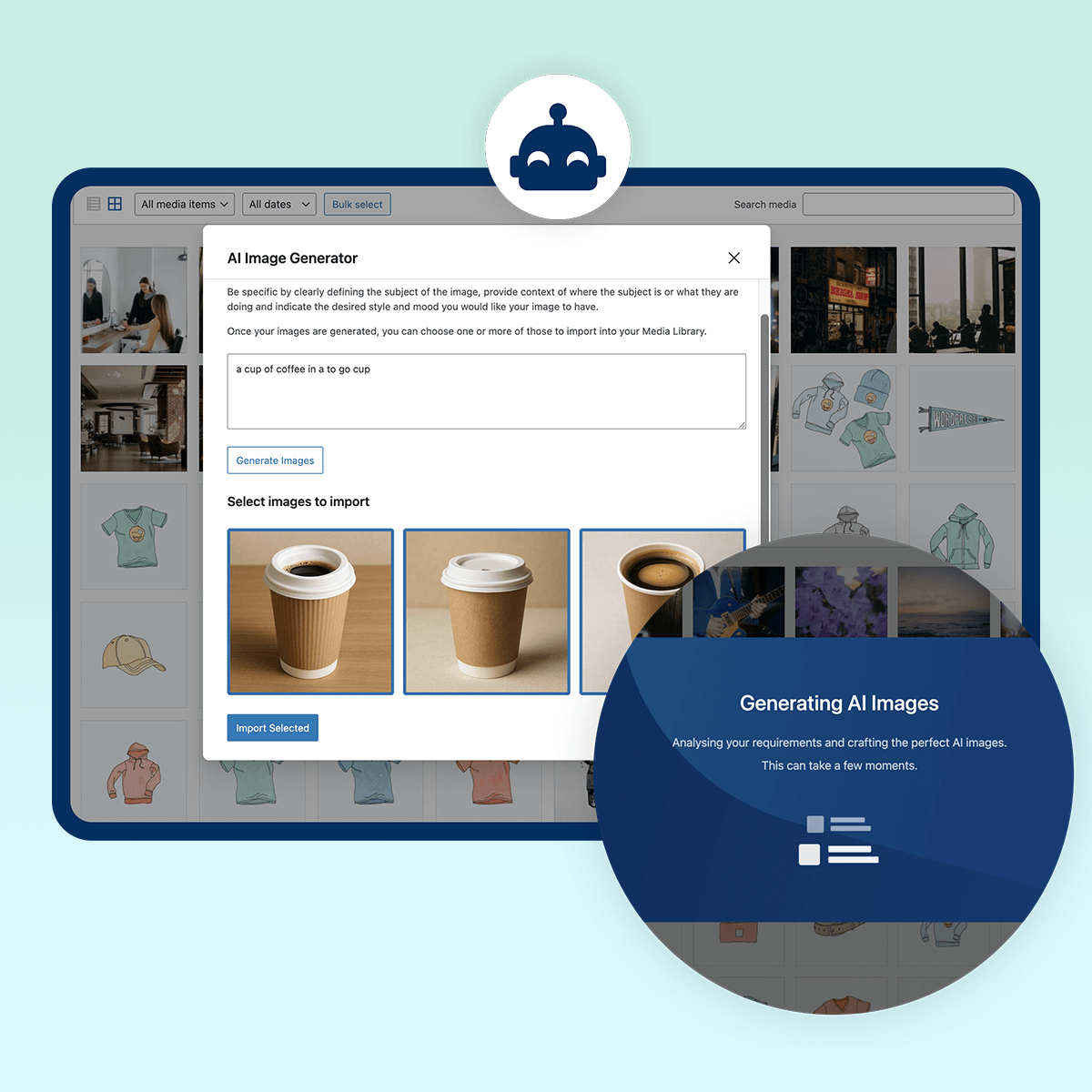 A laptop displaying an AI image generator interface with coffee cup examples. A blue circular overlay shows "Generating AI Images" text, highlighting this WordPress tool for creating custom visuals.