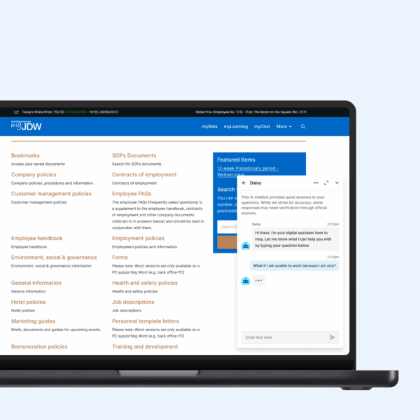 A laptop displaying a web dashboard with a blue navigation header. The screen shows multiple organized categories in columns with orange links, and a form section on the right with dropdown menus and input fields.