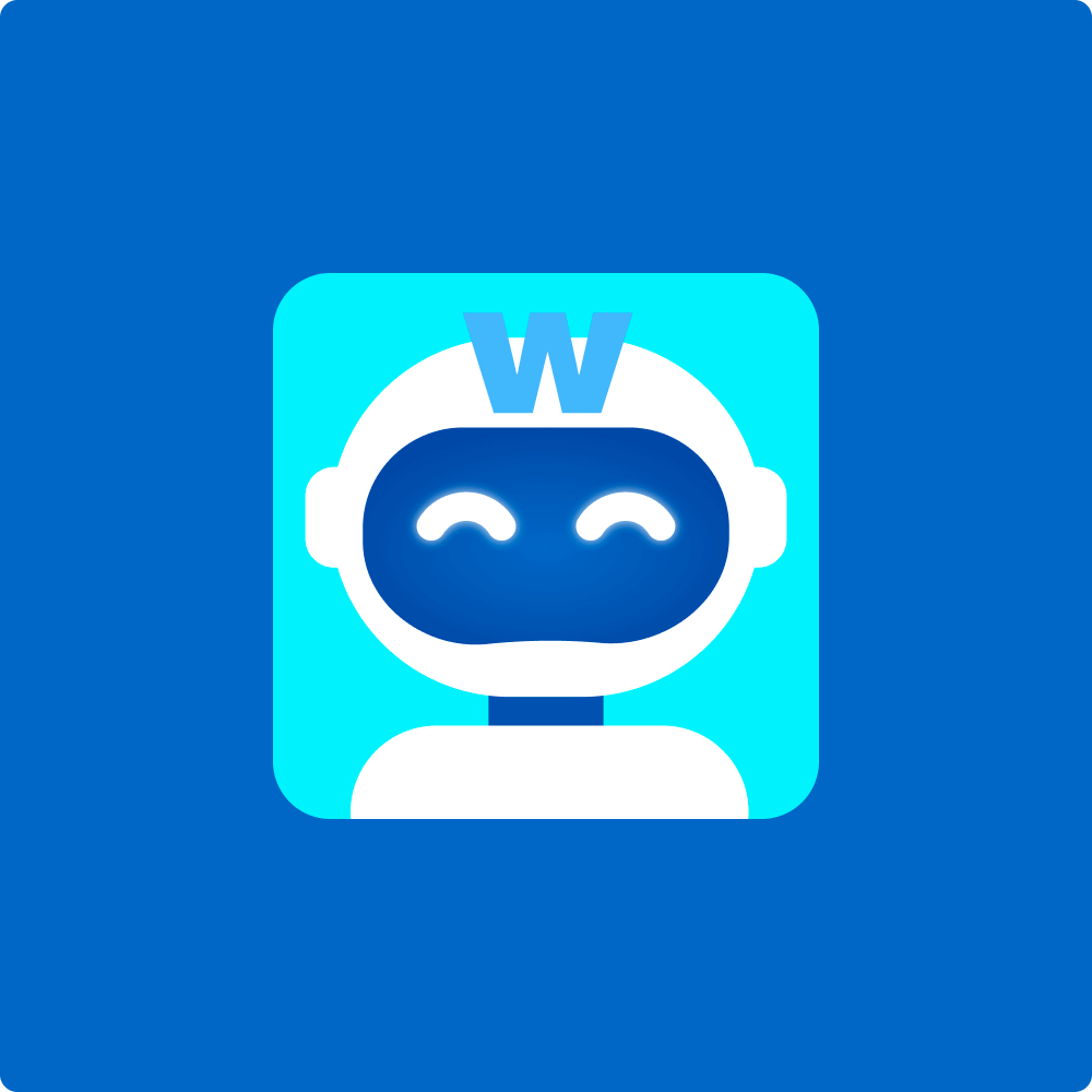A cartoon robot icon with a smiling expression on a bright cyan square against a blue background. The robot features a white head with blue eyes and a "W" marking on top, representing a friendly digital assistant or chatbot.