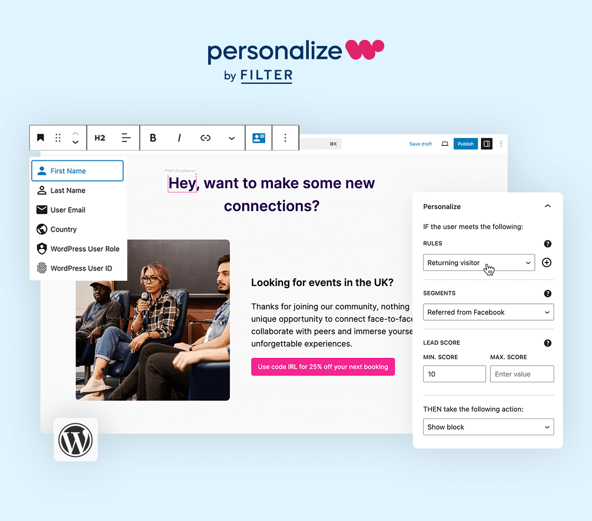 Personalize Filter plugin interface showing a social connection prompt with a person sitting on a couch. The UI displays messaging features and WordPress integration for creating community experiences.