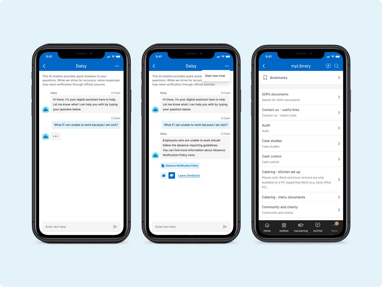 Three smartphone screens displaying a messaging or chat application interface with blue headers. The screens show different conversation views with text messages and interaction options, arranged side by side against a light blue background.