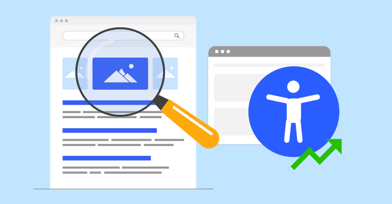 Image shows website content under a magnifying glass and an accessibility icon with an upward trending arrow, representing improved digital accessibility.