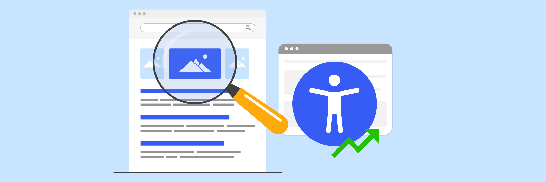 A search engine page with a magnifying glass over an image icon, next to a web page showing an accessibility icon and a rising graph.