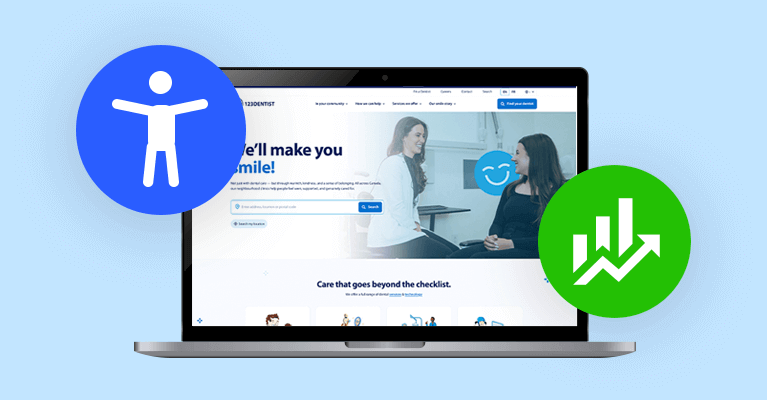 Laptop displaying a dental website, alongside icons for accessibility and upward trending growth.
