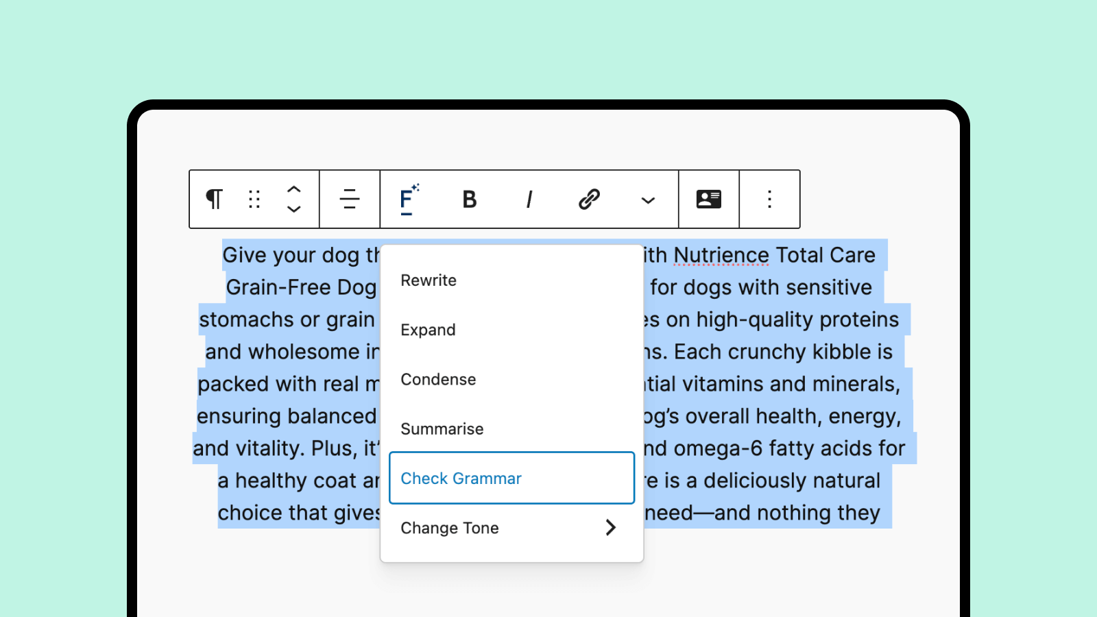Check Grammar feature on the Filter AI plugin