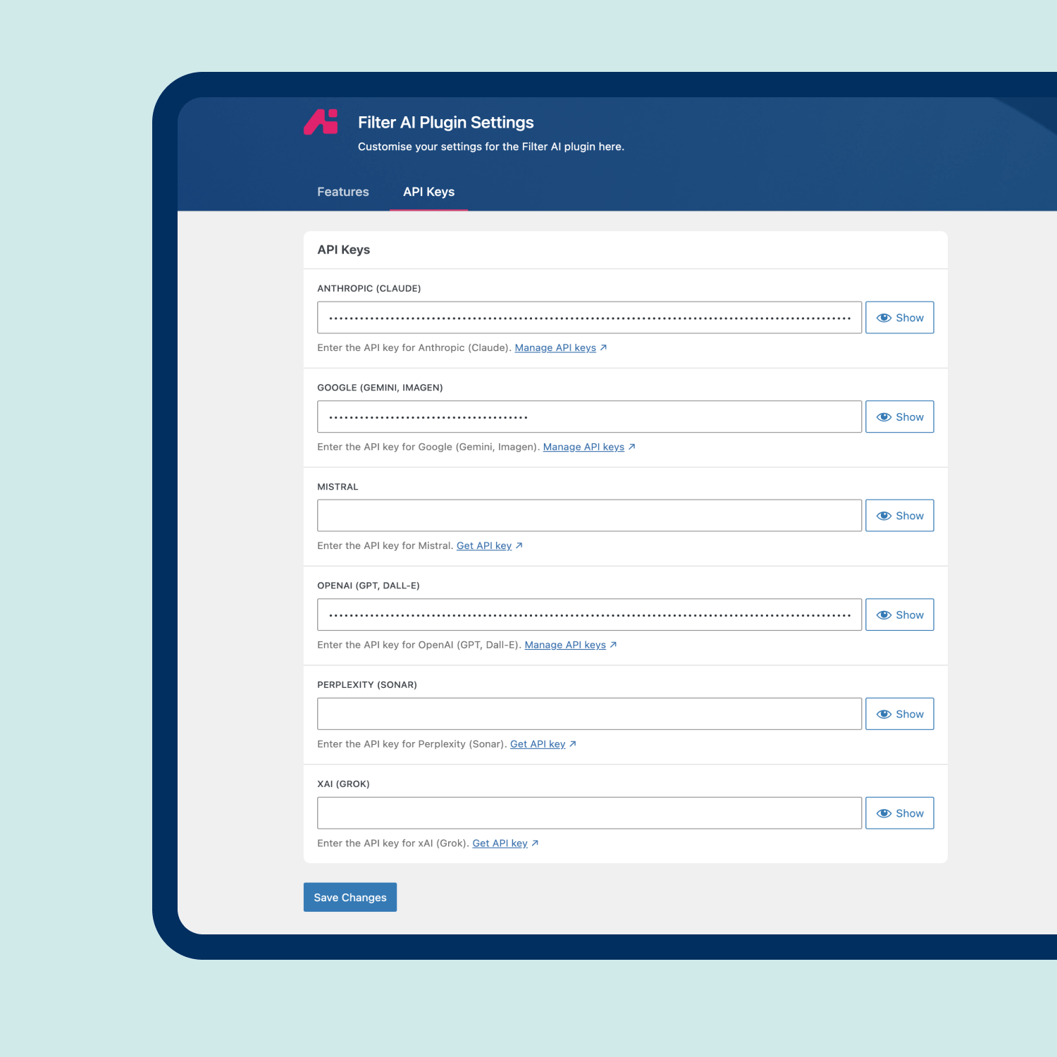 Screenshot of Filter AI Plugin settings, displaying API key input fields for various services.