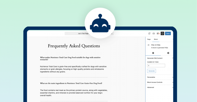 Laptop screen displaying a webpage titled "Frequently Asked Questions" with a chatbot icon overlayed.