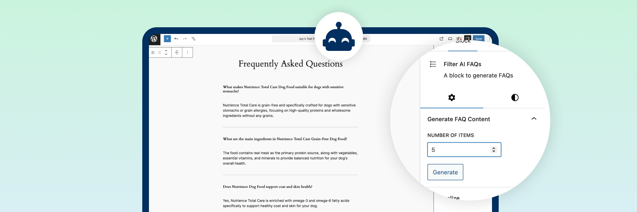 Screenshot of a browser window displaying a "Frequently Asked Questions" page with a tool to generate FAQs.