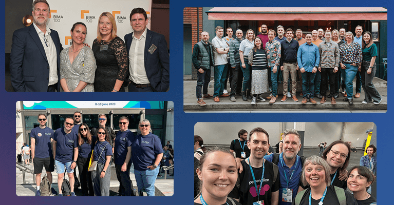 Collage shows diverse teams in group photos at events and gatherings.