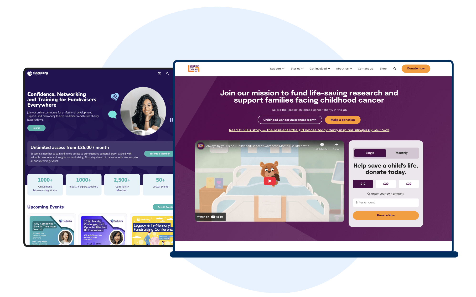 Two website screenshots. One promotes confidence and networking, the other, childhood cancer research and support.