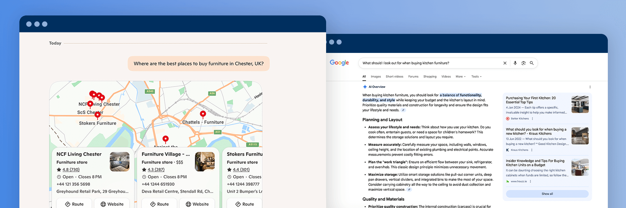 Two browser windows show search results. One displays a map with furniture store locations. The other shows a Google search results page.
