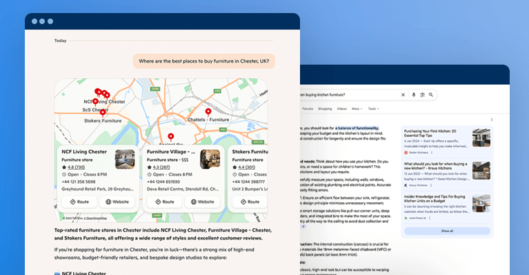 Two screens depict search results. One shows local furniture stores on a map and in a list. The other displays a general search results page.