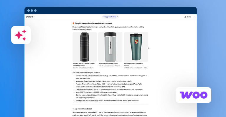 WooCommerce product recommendations displayed on a computer screen. Three drink containers are highlighted.