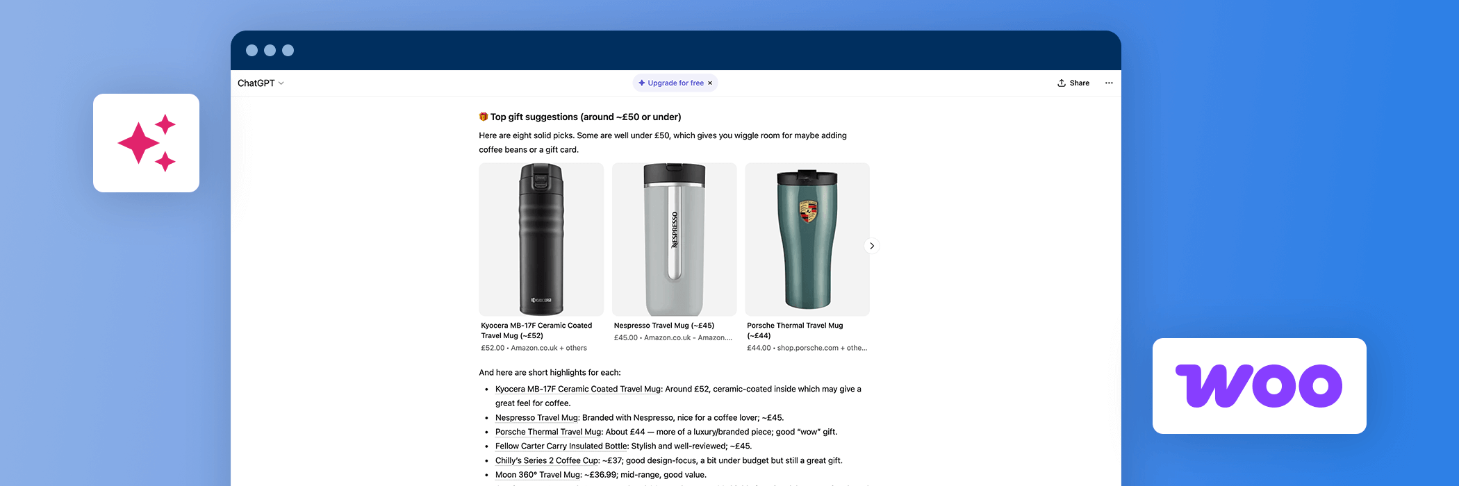 WooCommerce product listing shows three insulated mugs. Each mug varies in color and style.