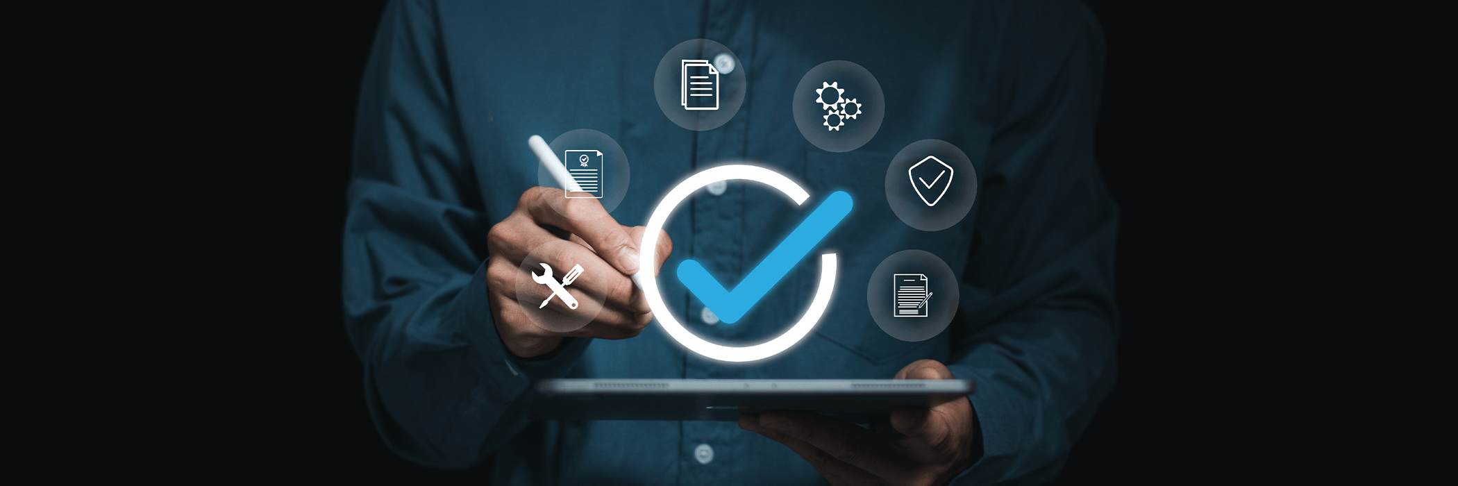 Person holding a tablet with a digital checkmark and icons representing tasks.