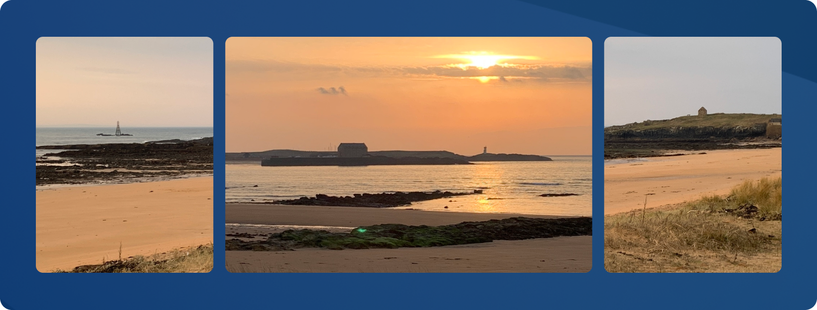 A triptych captures a coastal landscape at sunset. The panels show a sandy shore with distant sailboats, a lighthouse on a rocky island reflecting golden light, and a tower standing firm on a grassy dune.