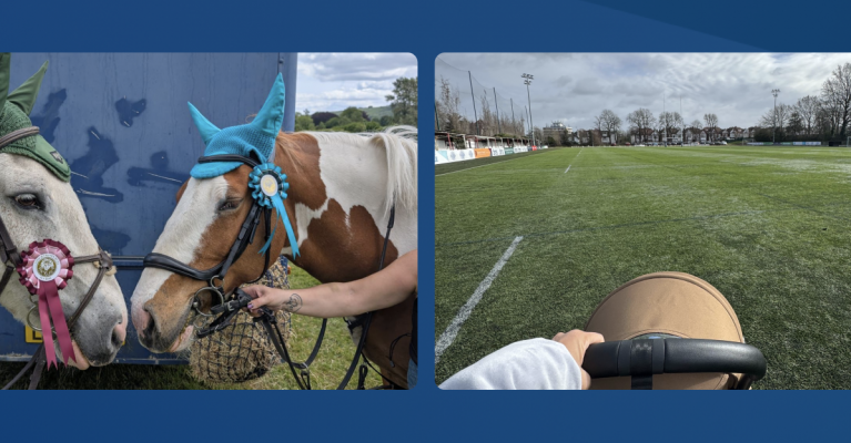 A two-panel image showing outdoor activities. The left panel shows two prize-winning horses in colourful gear. The right panel displays a hand pushing a stroller across an empty sports field.
