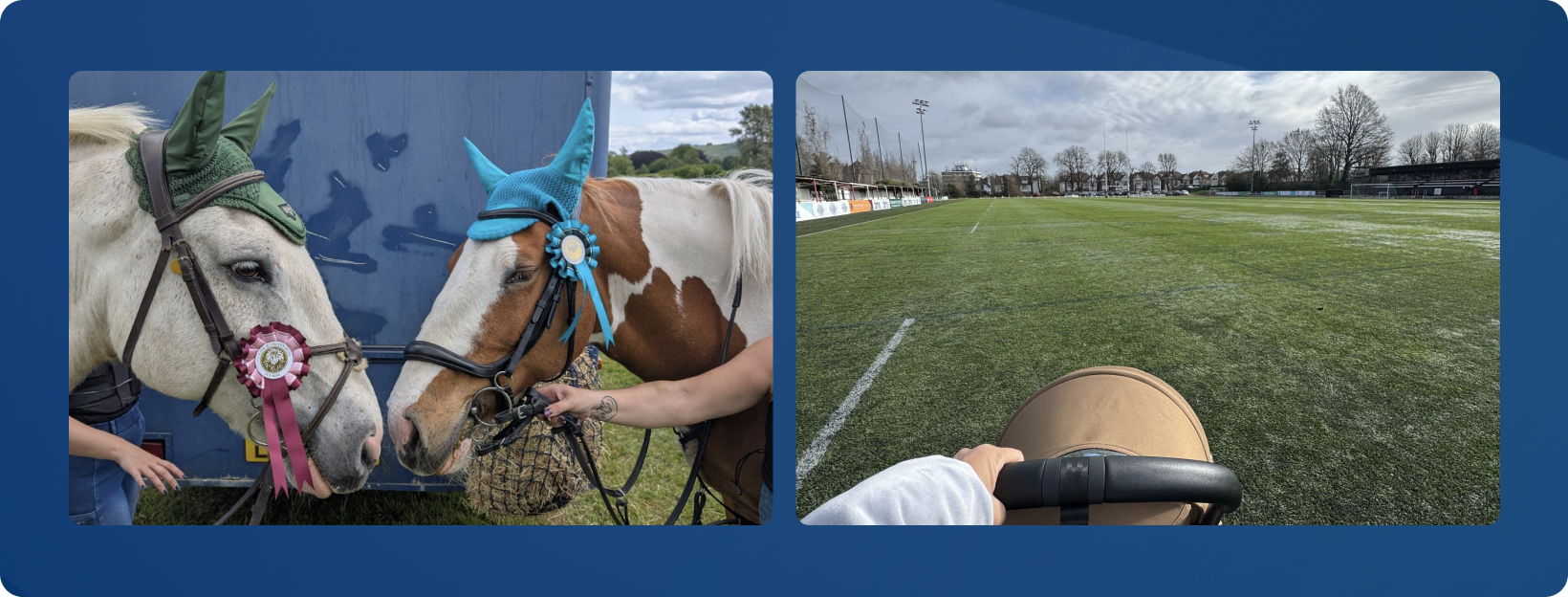A two-panel image showing outdoor activities. The left panel shows two prize-winning horses in colourful gear. The right panel displays a hand pushing a stroller across an empty sports field.