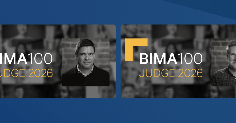 Two BIMA100 Judge 2026 cards with judges Oliver Morrison and Paul Halfpenny's headshots, set against a blurred background and framed by a blue gradient.