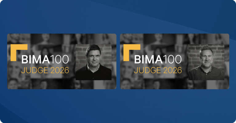Two panels showing "BIMA100 Judge 2026" with grayscale portraits of Oliver Morrison and Paul Halfpenny on a blue background.