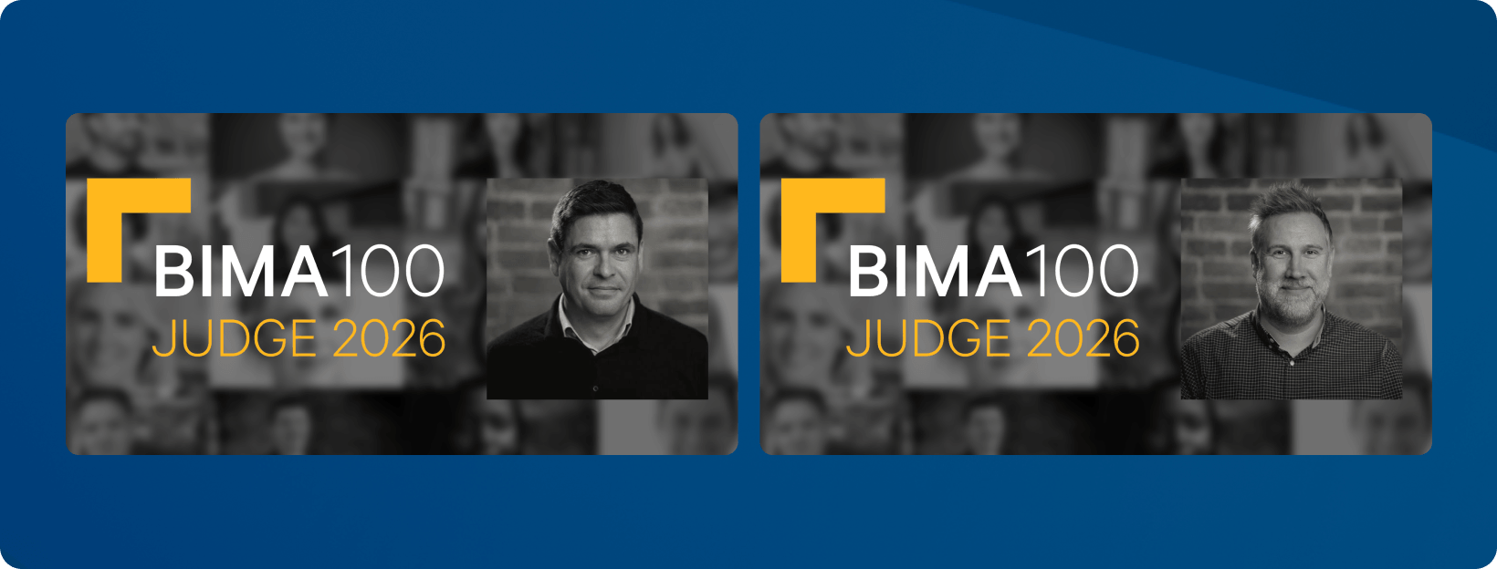 Two BIMA100 Judge 2026 cards with judges Oliver Morrison and Paul Halfpenny's headshots, set against a blurred background and framed by a blue gradient.