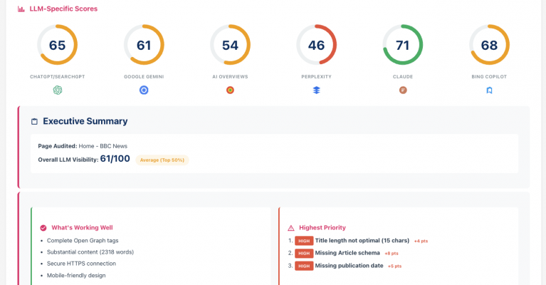 Audit report interface displaying visibility scores and summary of key findings for various metrics.