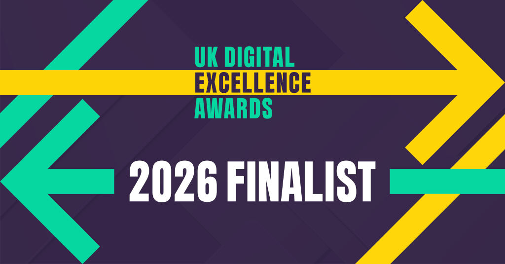 UK Digital Excellence Awards 2026 Finalist graphic. The text is displayed on a dark purple background featuring large, stylized yellow and teal arrows pointing in opposite directions.