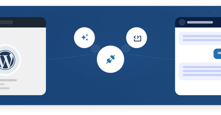 Illustration showing WordPress integration with icons for plugins and settings between a WordPress dashboard and a website interface.