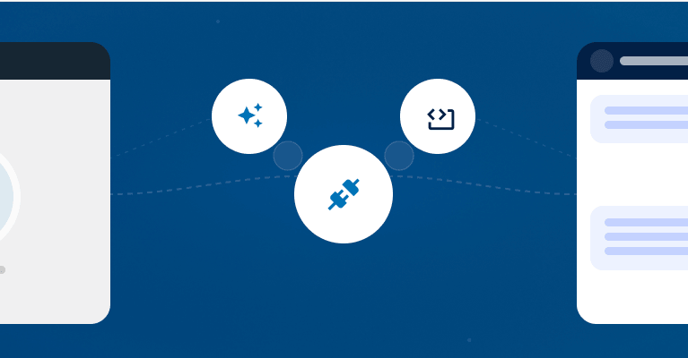 Illustration showing WordPress integration with icons for plugins and settings between a WordPress dashboard and a website interface.
