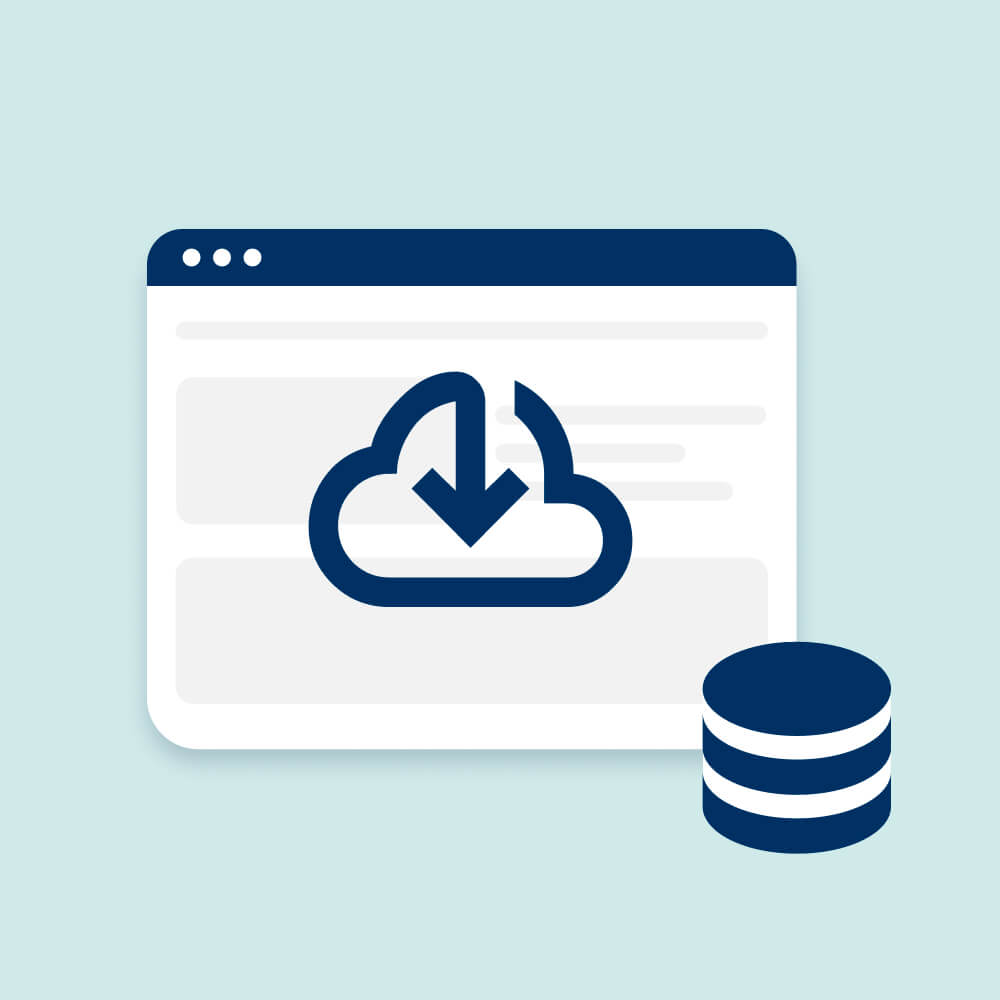 Cloud download icon inside a web browser window next to a database symbol, representing online data storage and retrieval.