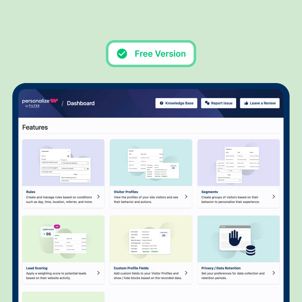 Dashboard interface of a free version software showcasing various features like visitor profiles, lead scoring, and data extraction tools.