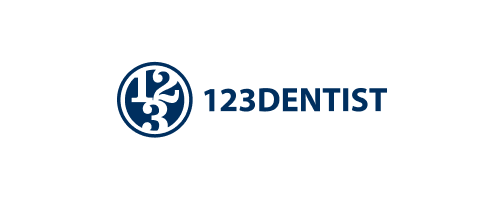 The 123Dentist logo featuring a circular emblem containing the numbers 1, 2, and 3 in dark navy blue, positioned alongside the bold text "123DENTIST" in matching navy blue on a white background.