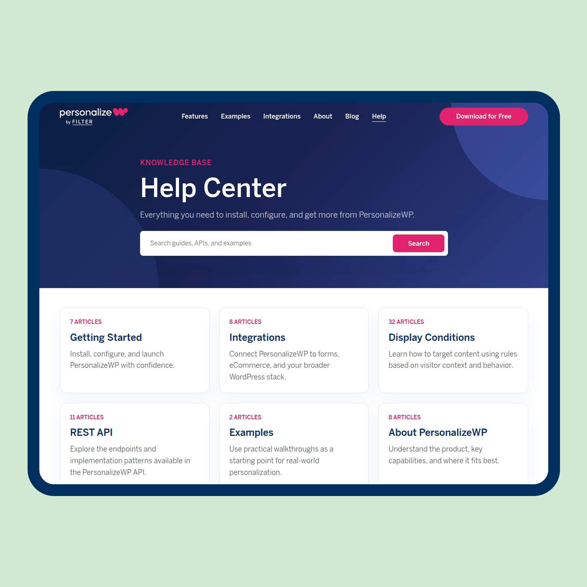 Help Center webpage for PersonalizeWP, displaying a search bar and sections for topics like Getting Started, Integrations, and Display Conditions.