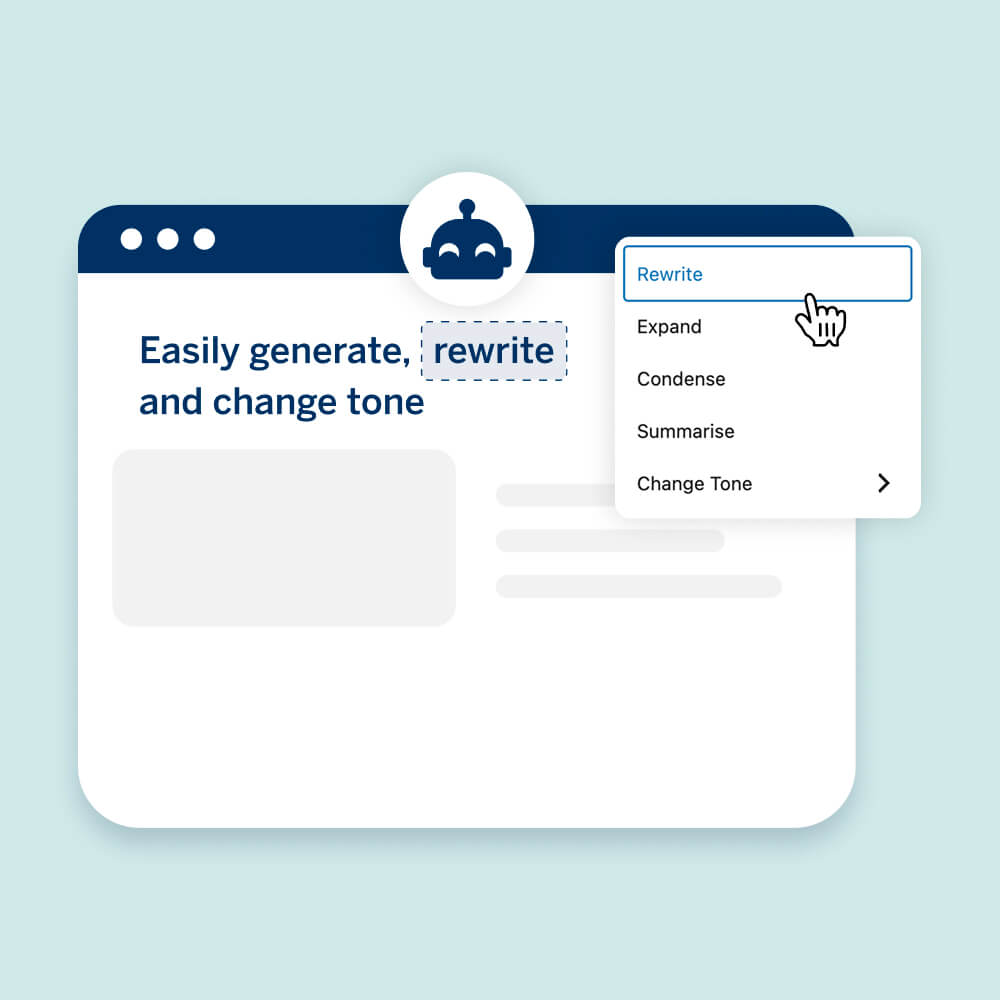 Illustration of a digital tool interface showcasing text options like "rewrite," "expand," and "condense," with a cursor selecting "rewrite."