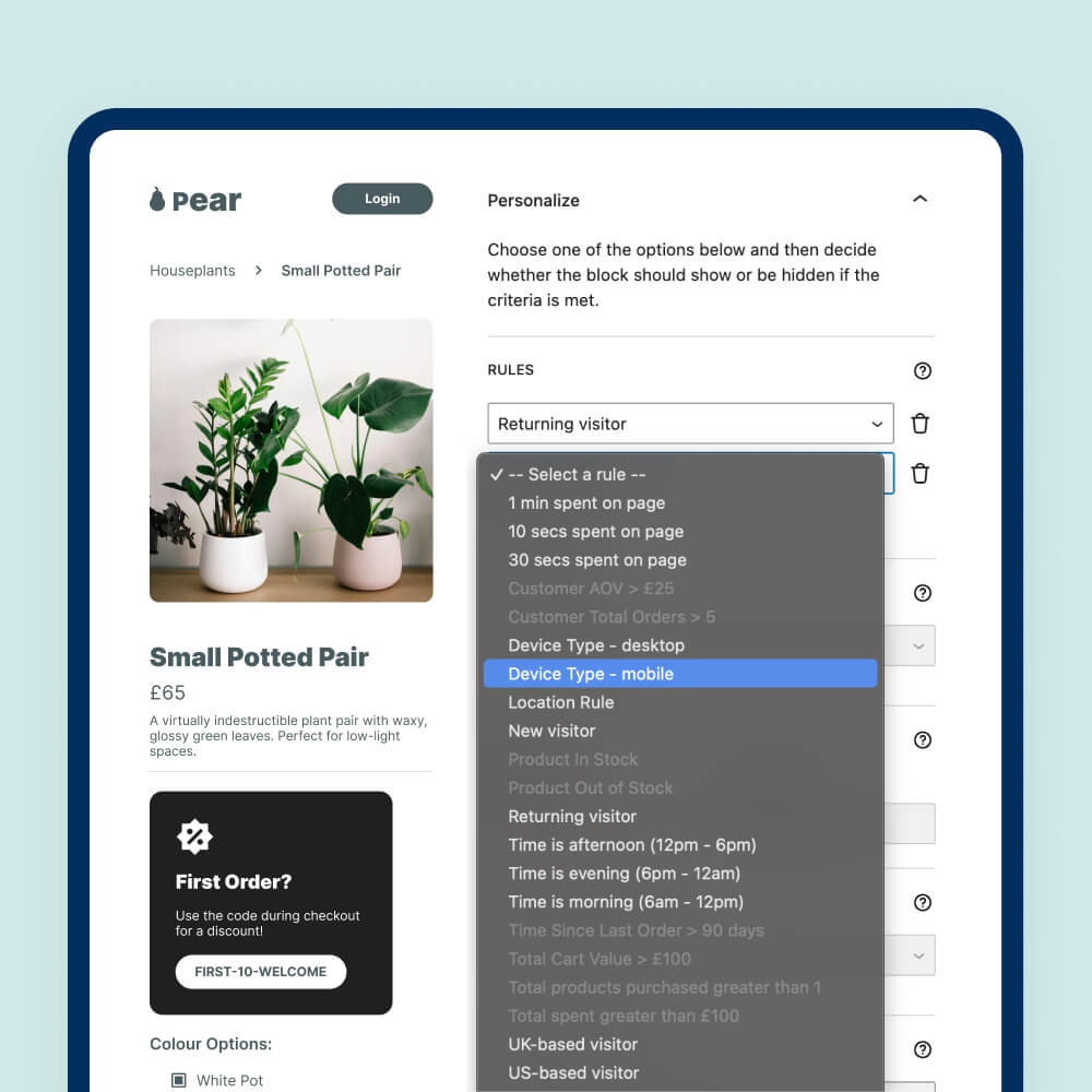 Tablet interface displaying a web customization tool for a plant shop, featuring rule settings for personalizing visitor experiences and information on a small potted plant pair.