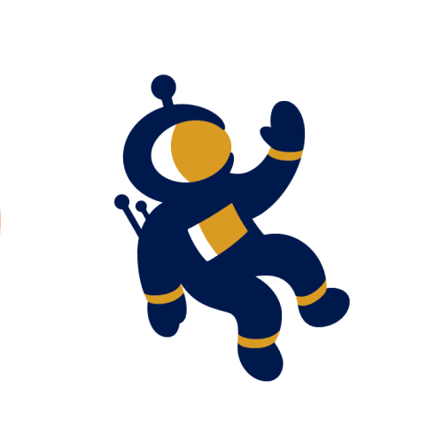 Illustration of a stylized astronaut in a blue and gold spacesuit, floating in space against a white circular background.