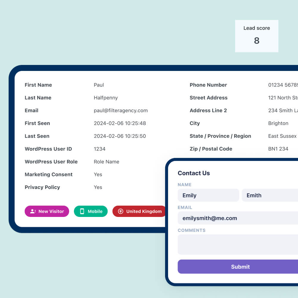 Dashboard showing user information and a contact form, featuring fields for first and last names, email, and other details, alongside a lead score indicator.