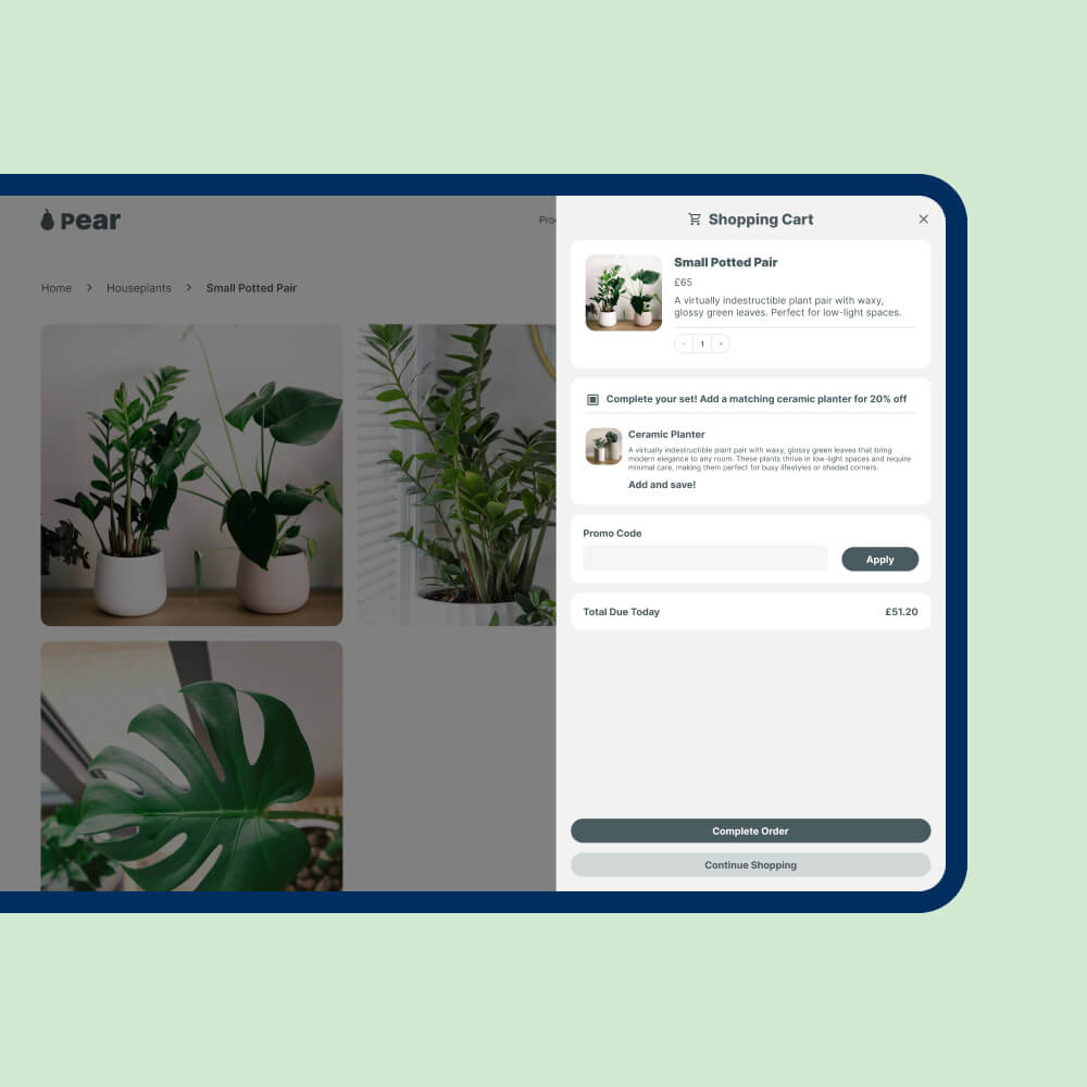 An online plant store interface featuring a variety of potted plants on the left and a shopping cart summary on the right, detailing selected items and payment options.