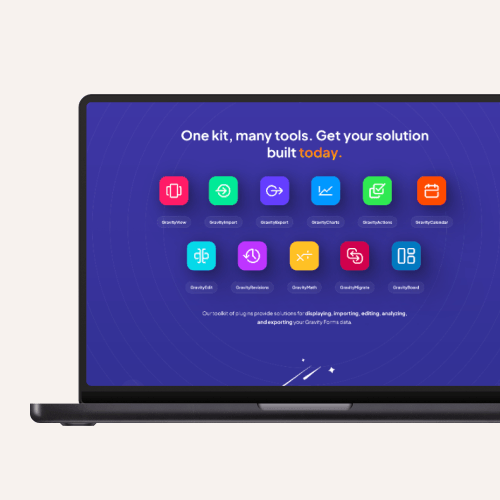 Laptop screen displaying a toolkit interface with colorful icons representing different digital tools. Text above reads: "One kit, many tools. Get your solution built today."