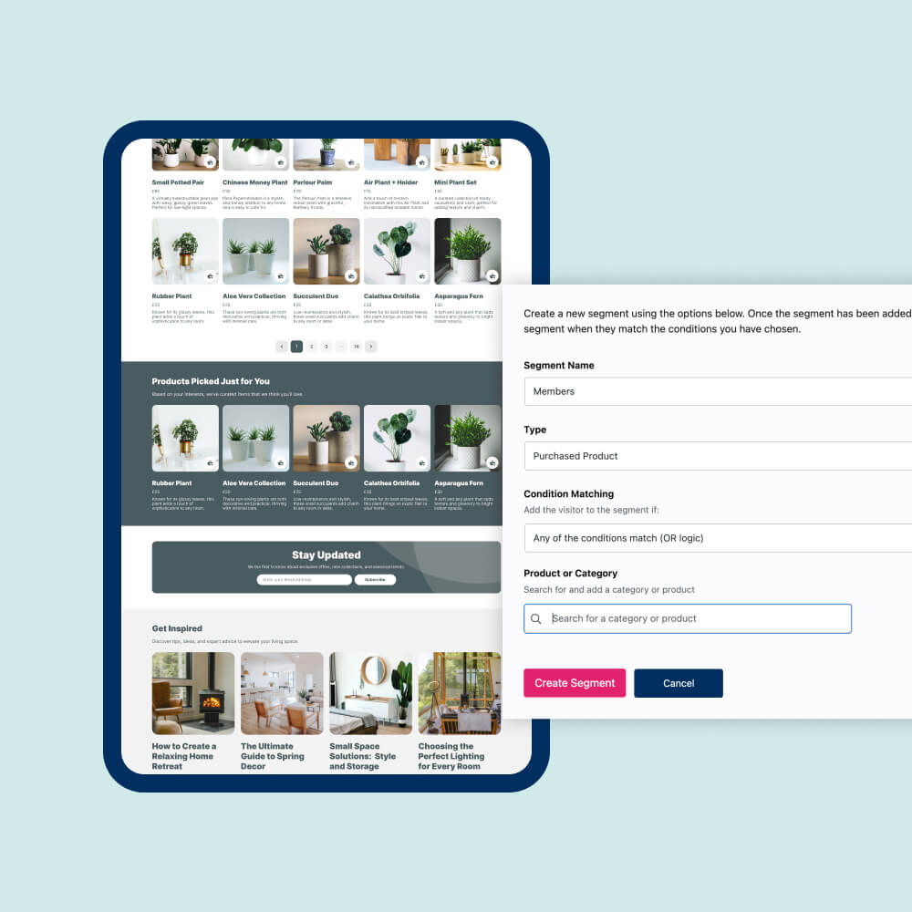 Tablet displaying a product selection interface with options for creating a segment. A pop-up form includes fields for segment name, condition matching, and product category selection.