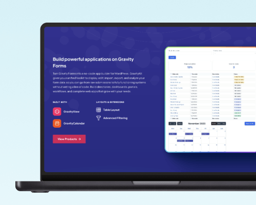 Laptop displaying Gravity Forms application for building powerful forms, featuring plugins, integration options, and a detailed data management interface against a blue background.