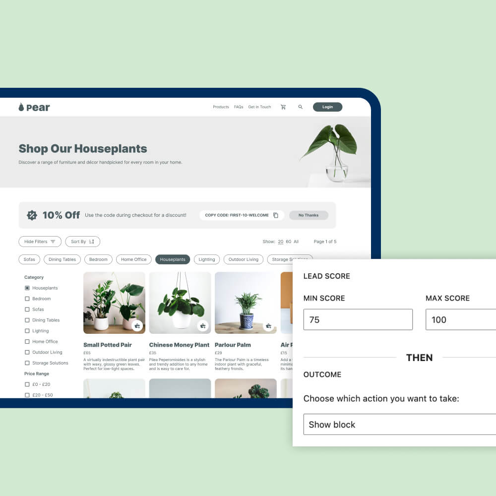 Website interface displaying houseplants for sale with a lead scoring system overlay.