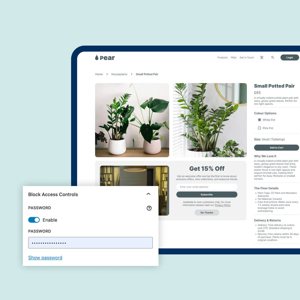 E-commerce website interface showing plant products, a discount offer, and a block access control panel with password enablement options.